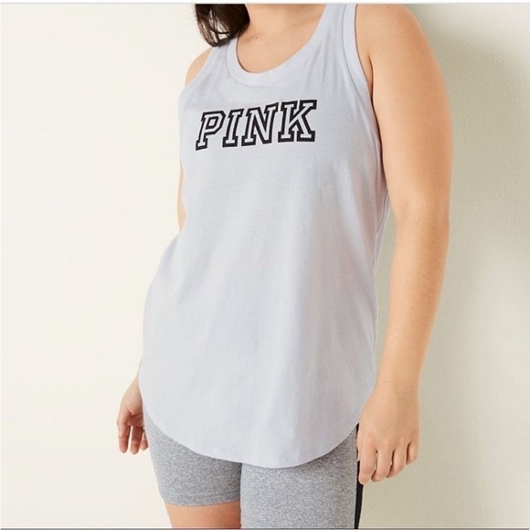 PINK Victoria's Secret Tops - PINK Victoria’s Secret Logo Graphic Muscle Tee Tank Top Grey/White